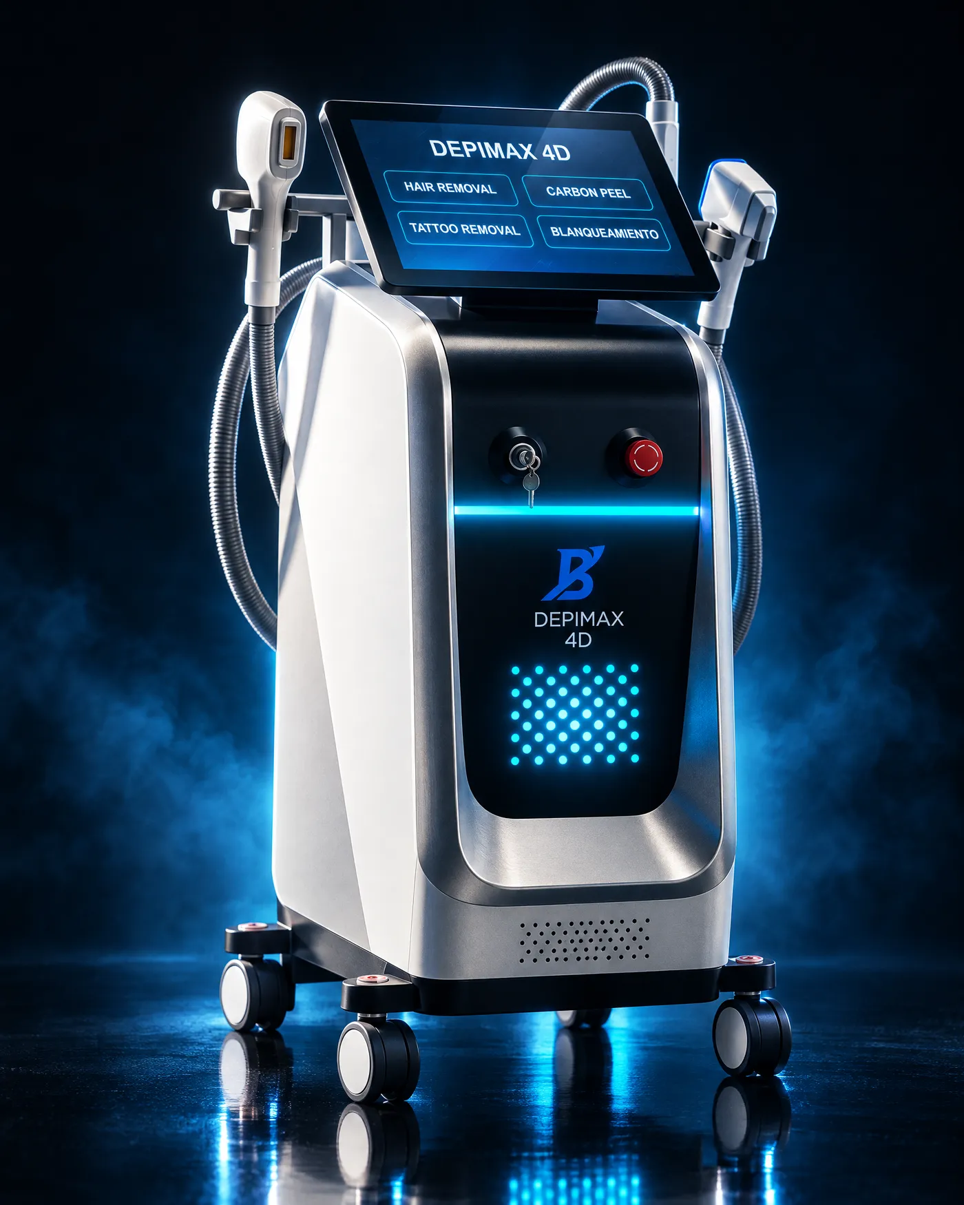 DEPIMAX 4D encendida en un estudio oscuro, con su franja y su rejilla de luz azul
